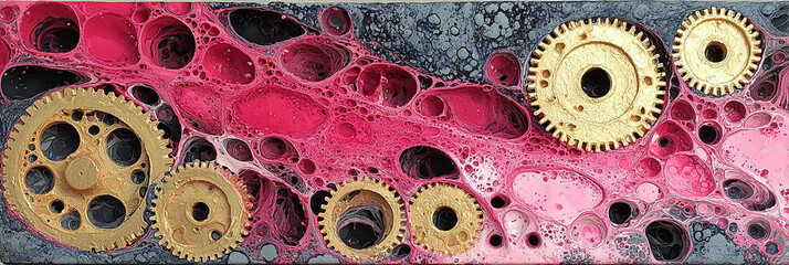 Dynamic interplay of intricate brass gears against a vibrant, effervescent pink abstract liquid background, a modern industrial art fusion