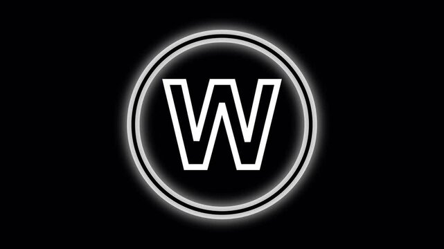 Neon Glow Letter W Inside Double Circle on animated Black Background alphabet typography. Bright white letter W framed by twin glowing circles featuring subtle rotation and luminous alphabet animation