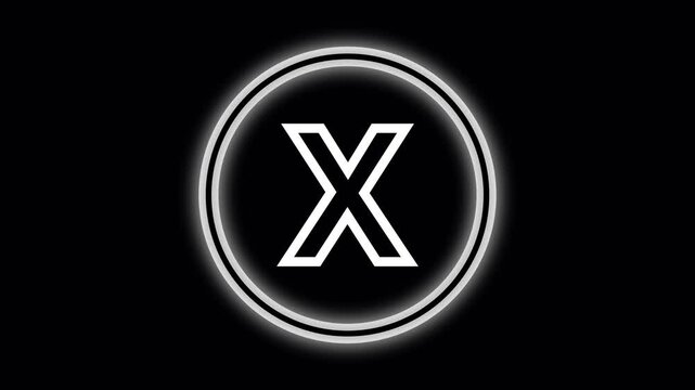 Neon Glow Letter X Inside Double Circle on animated Black Background alphabet typography. Shining neon X enclosed in dual animated circles with gentle motion and radiant shining alphabet effect.