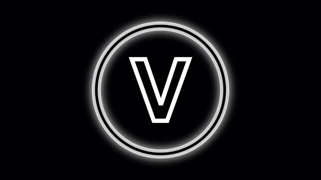 Neon Glow Letter V Inside Double Circle on animated Black Background alphabet typography. Vivid neon letter V placed inside twin animated rings with elegant rotation and shining alphabet effect.