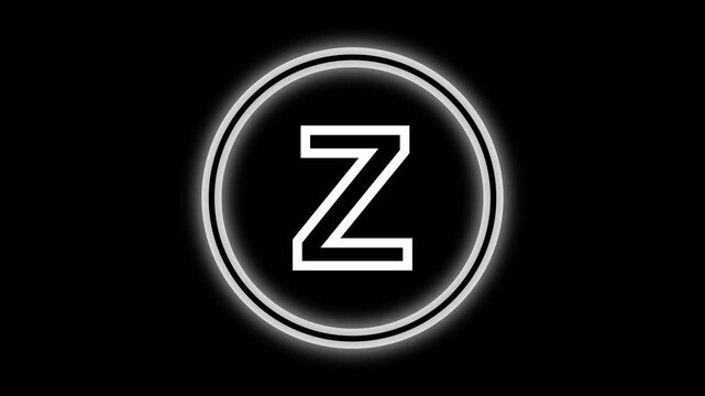 Neon Glowing animated White Letter Z Inside a Double Ringed Circle on a Black Background alphabet. Shining white neon letter Z enclosed in dual animated rings with gentle motion and radiant alphabet