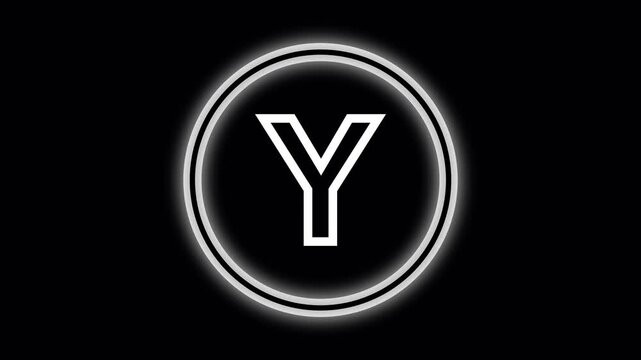 Glowing animated White Letter Y Inside a Double Ringed Circle on a Black Background alphabet typography. Shining white letter Y enclosed in dual animated rings with gentle motion and radiant alphabet