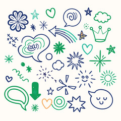 Whimsical collection of freehand illustrations, including bursts, swirls, arrows, hearts, and clouds, rendered in a simple line art drawing style with a limited color scheme