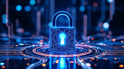 Cybersecurity concept with padlock and circuit board for data protection and digital security technology