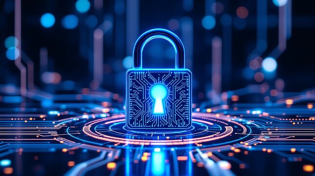Cybersecurity concept with padlock and circuit board for data protection and digital security technology