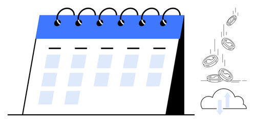 Calendar with visible days and weeks next to coins falling above a cloud. Ideal for scheduling, financial planning, revenue growth, deadlines, investment, time management, and productivity simple