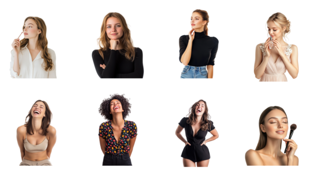 Collection of woman holding makeup brush near her face Representing beauty and self-care. full length isolate on transparent background