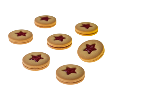 Isolated photo of classic shortbread biscuits with sweet red berry jam filling. isolated on Transparent Background