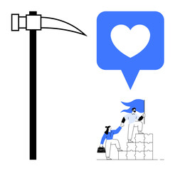 Heart icon in blue speech bubble, pickaxe symbolizing effort, teamwork figures assembling puzzle steps. Ideal for teamwork, support, leadership, achievement, collaboration, motivation effort themes