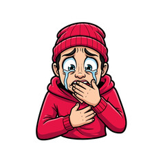 Cartoon illustration of a young person in a red beanie and hoodie crying intensely, covering their mouth in deep sadness and distress.