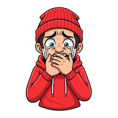 Cartoon boy in red beanie and hoodie crying with hands over his mouth, expressing deep sadness and distress.