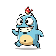 A cheerful blue cartoon monster with big eyes and a wide grin, walking with a small red bird perched on its head.