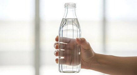 Hand holding a clear glass bottle filled with refreshing water against a bright, blurred background.