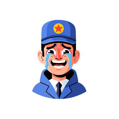 A cartoon man in a blue uniform and cap with a yellow star emblem, crying and laughing simultaneously, expressing a mix of joy and sadness.