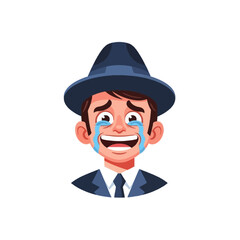 Cartoon illustration of a man with a fedora hat and suit, laughing hysterically with tears of joy streaming down his face.