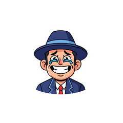A cartoon illustration of a man in a blue fedora and suit, crying tears of laughter with an exaggerated happy expression.