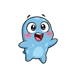 A cute, happy, light blue cartoon blob character with big eyes and a wide smile.
