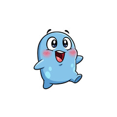 Cute happy light blue blob cartoon character with big eyes and rosy cheeks.