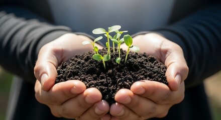 Hands holding a small green plant growing in dark soil.