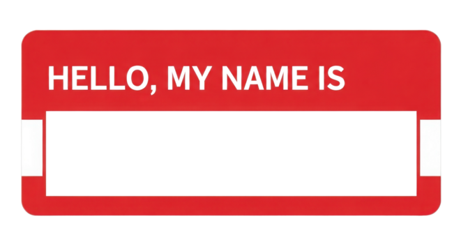 Classic Red "Hello, My Name Is" Name Tag Sticker Template Vector Graphic isolated on Transparent Background - Powered by Adobe