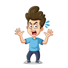 Cartoon illustration of an angry young boy shouting with a frustrated expression and raised hands, showing distress.