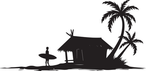 Black silhouette of surfer standing by hut with palm trees