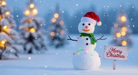 Fototapeta premium Delightful snowman with festive lights and Merry Christmas sign in snowy winter scene, a cheerful image for holiday greetings and seasonal joy