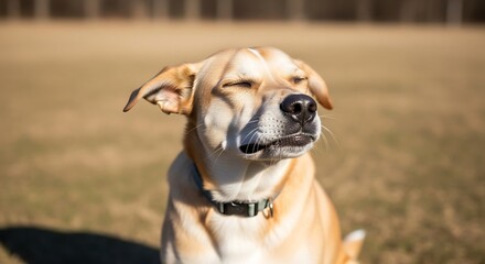 Happy dog enjoying the sun with closed eyes in a field.