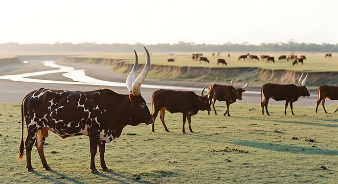 Herd of Ankole Watusi cattle with enormous horns grazing in a vast green pasture by a river.