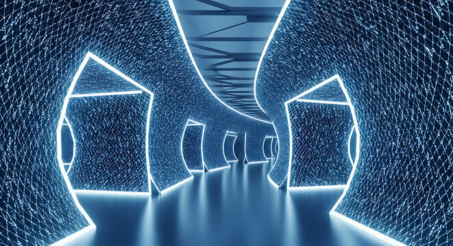 Futuristic Tunnel Illuminated with Blue Neon Lines Abstract Digital Background of Data Flow Connecting Network and Artificial Intelligence. - Powered by Adobe