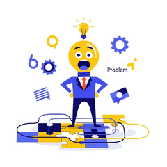 Businessman with a lightbulb idea standing on a puzzle, symbolizing a creative solution to a problem.