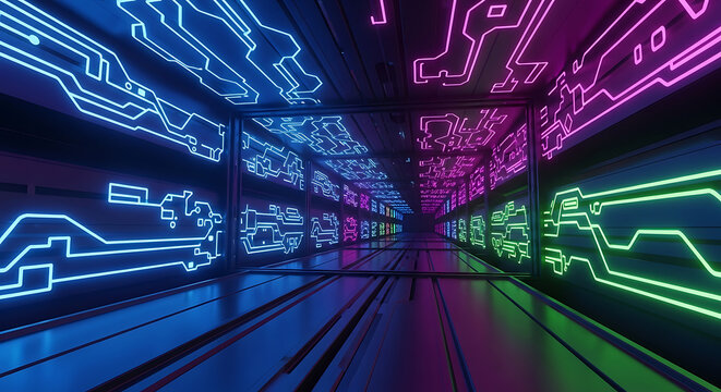 Neon Circuit Boards Form Tunnel with Electric Hues Creating Futuristic View Representing Technology Innovation and Digital Connectivity in Abstract Space