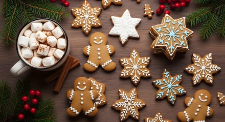 Enjoy sweet holiday cheer with gingerbread cookies and hot chocolate with marshmallows, perfect for Christmas celebrations and warm winter moments