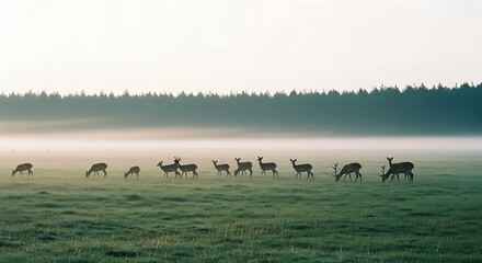 Herd of deer grazing in a misty field at dawn with a forest in the background.