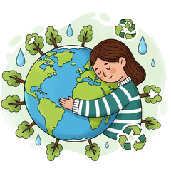 A cartoon illustration of a girl hugging the Earth, surrounded by trees, raindrops, and recycling symbols, representing environmental care and sustainability.