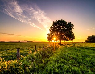 Beautiful sunset over a vibrant green field, large tree silhouetted against the sun's rays