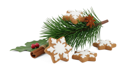 Christmas cookies and pine branches with holly leaves and anise stars on a png transparent.