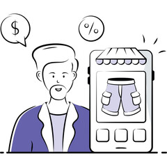 Man Smiling Holding Smartphone Showing Cargo Shorts Displayed On Screen With Shopping Cart Icon And Dollar Sign And Percentage Symbol Floating Above In Minimalist Style Illustration On Transparent