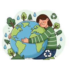 A person hugging the Earth surrounded by trees, raindrops, and recycling symbols, illustrating environmental protection.