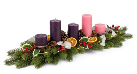 A Christmas advent wreath with purple and pink candles, pine cones, and holly leaves on a png transparent.