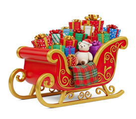 A red and gold sleigh filled with presents and a teddy bear on a png transparent.
