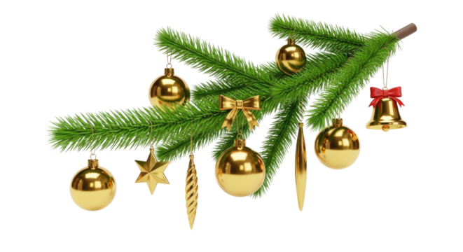 A Christmas tree branch adorned with gold ornaments and a red bow.