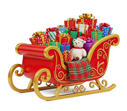 A red and gold sleigh filled with presents and a teddy bear on a png transparent.