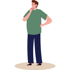 Man in green t shirt and blue pants standing in contemplation with hand on chin and other hand on hip on transparent background