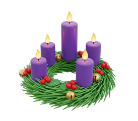 A Christmas wreath with purple candles and red berries on a green wreath with gold bells and green leaves on a png transparent.
