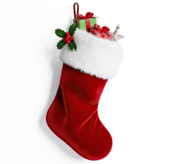 A red and white Christmas stocking filled with presents and decorations hanging on a white wall.