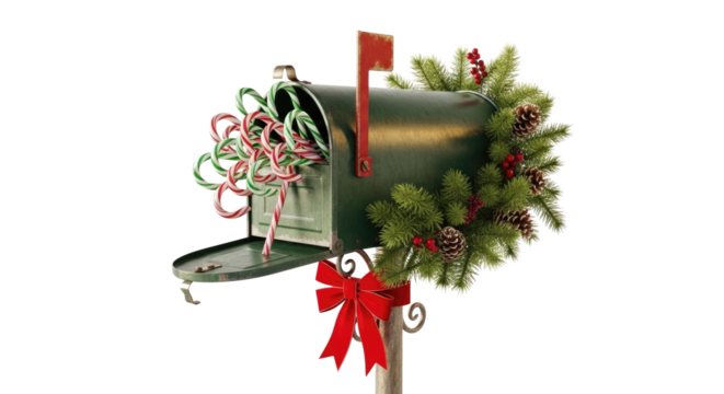 A green mailbox filled with candy canes and decorated with a Christmas wreath and pine cones.