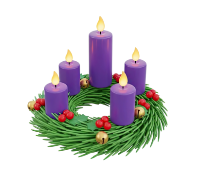 A Christmas wreath with purple candles and red berries on a green wreath with gold bells and green leaves on a png transparent.
