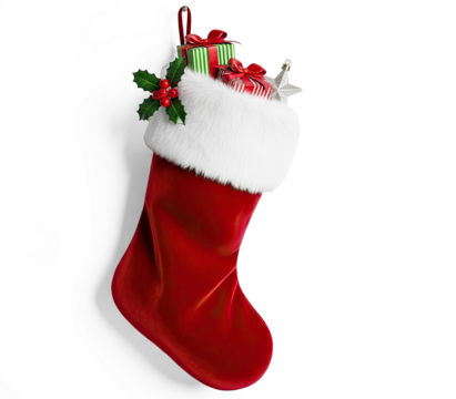 A red and white Christmas stocking filled with presents and decorations hanging on a white wall.