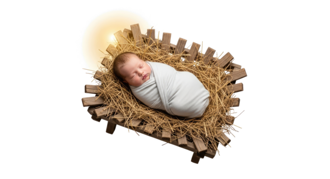 A baby swaddled in a blanket, lying in a wooden manger with hay and a light shining above.